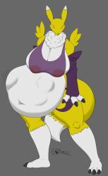 ambiguous_prey anthro belly belly_bulge big_belly big_belly_bulge big_breasts breasts claws cleavage digimon digimon_(species) female_pred fox furiquarter furry hips nipple_bulge oral_vore renamon soft_vore squirming squirming_gut struggling struggling_prey tank_top thick_thighs thighs vore vore_belly wide_hips