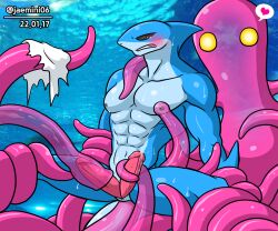 abs alkan anal anal_sex anthro big_pecs black_eyes blue_body bodily_fluids breast_milking cum cum_in_tentacles cum_tentacle erection fish genital_fluids genitals kashiver lactating male male_lactation male_only marine milk milking_tentacles multicolored_body muscular muscular_anthro muscular_male navel nipples nude pecs penetration penis pink_penis sex shark solo sweat tears tentacle tentacle_in_ass tentacle_penetration tentacle_sex two_tone_body yellow_eyes