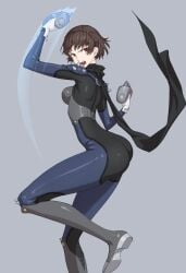 annoyed big_butt brown_hair bubble_butt butt clothing female footwear handwear human makoto_niijima ozkh pale_skin persona persona_5 phantom_thief_suit skin_tight thick_thighs