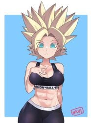 1girls abs alternate_costume bare_shoulders belly belly_button black_bra black_legwear blush breasts caulifla cleavage cute cute_face dragon_ball dragon_ball_super female female_focus female_only hand_on_breast looking_down navietta saiyan six_pack solo solo_female solo_focus super_saiyan