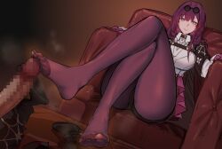 1boy 1girls ass assertive_female big_ass big_breasts boots breasts censored censored_penis chair clothed_female feet female femdom footjob footjob_with_legwear glasses honkai:_star_rail imcey kafka_(honkai:_star_rail) legs_crossed light-skinned_female light_skin magenta_eyes magenta_hair male mature_female offscreen_character pantyhose penis sitting smile sunglasses_on_head tagme thick_thighs thighs tight_clothing toes voluptuous_female