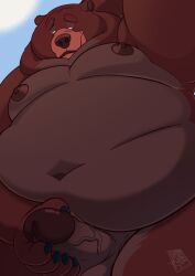 2023 anthro areola balls bear belly big_belly brother_bear brown_body brown_fur brown_nose digital_media_(artwork) disney erection eyebrows fur genitals glans humanoid_genitalia humanoid_penis locofur low-angle_view male male_only mammal masturbation moobs navel nipples overweight overweight_anthro overweight_male penile penile_masturbation penis solo tug_(brother_bear) vein veiny_penis