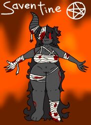 bandage big_breasts blood bodily_fluids bottomless breasts broken_horn clothed clothing demon dimsun female freckles grey_body grey_skin hair horn humanoid long_hair model_sheet scar solo