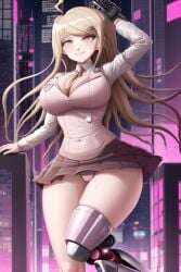 ai_generated akamatsu_kaede blonde_hair cityscape clothing cyberpunk danganronpa huge_breasts long_hair mechanical_leg pink_leotard skirt smiling solo_female thick_thighs