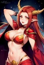 ai_generated bra cloak elf girl horns lips nagual-ui pointy_ears red_bra red_cloak red_hair red_lips underwear warcraft world_of_warcraft yellow_eyes