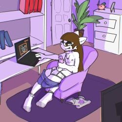 absurd_res anthro balls bedroom_eyes bodily_fluids bottomwear brown_hair chest_tuft clothed clothing computer domestic_cat dripping erection eyewear felid feline felis footwear fur genital_fluids genitals girly glasses hair half-closed_eyes hi_res humanoid_genitalia humanoid_penis laptop long_hair looking_at_porn male mammal masturbation narrowed_eyes partially_clothed penile penile_masturbation penis pornography precum precum_drip precum_string seductive shorts shorts_down smile smirk smug smug_face smug_grin socks solo the_xing1 tuft watching_porn white_body white_fur