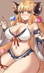 1girls 2023 absurd_res anila_(granblue_fantasy) big_breasts blonde_hair blush draph draph_race_(granblue_fantasy) female female_only granblue_fantasy horns long_hair looking_at_viewer nyapii solo thick_thighs yellow_eyes