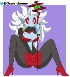 1girls big_breasts blue-skinned_female blue_skin chaoschrome demon_girl demon_goddess_towa dragon_ball dragon_ball_super high_heels skin_tight spread_legs staff towa white_hair