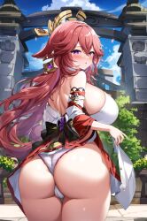 ai_generated animal_ears ass ass_focus bare_shoulders big_ass big_butt blush breasts bubble_butt cameltoe detached_sleeves embarrassed female fox_ears fox_girl from_behind genshin_impact hair_ornament huge_ass large_breasts long_hair looking_at_viewer looking_back open_mouth panties pink_hair purple_eyes shiny shiny_clothes shiny_hair shiny_skin sideboob skirt skirt_hold skirt_lift solo thong very_long_hair yae_miko