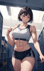 ai_generated big_breasts blue_eyes brown_hair crying dark_hair muscular muscular_female sad short_shorts shorts sport_shorts sports_bra sportswear tears thighs toned