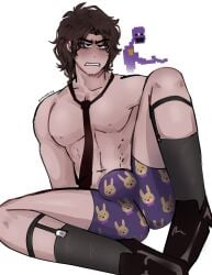 abs angry_face balls bara blush brown_hair five_nights_at_freddy's gay male_focus male_only mixanprixa muscular_male pale_skin partially_clothed pecs purple_guy_(fnaf) shoes socks solo solo_male tie underwear william_afton