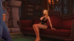 1boy 1girls 3d blizzard_entertainment blonde_hair blood_elf blue_skin green_eyes huge_breasts imminent_sex interspecies kaela_sundawn kaelatheelf light-skinned_female light_skin original_character troll troll_(warcraft) warcraft world_of_warcraft