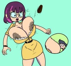 areola areola_slip areolae big_breasts button button_pop colored dinocore edit female glasses huge_breasts kaya_(dinocore) nipples randomcartoon2 rex_(dinocore) terrible_the_drawfag wardrobe_malfunction