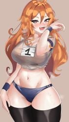 1girls 2022 absurd_res black_thighhighs blush fangs female female_only kaz_(parororo) long_hair looking_at_viewer nyapii open_mouth orange_hair solo steamy_breath thick_thighs thighhighs voluptuous