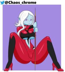 1girls big_breasts blue-skinned_female blue_skin chaoschrome demon_girl dragon_ball dragon_ball_super high_heels skin_tight spread_legs staff towa white_hair