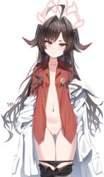 :3 absurdres ahoge black_hair black_panties blue_archive breasts cleft_of_venus closed_mouth coat collarbone demon_girl demon_horns di_le_to female gehenna_academy_student halo highres horns hot_springs_department_(blue_archive) jacket kasumi_(blue_archive) long_hair navel open_clothes open_jacket open_shirt panties panty_pull pussy red_halo red_shirt shirt small_breasts smile solo underwear white_coat young