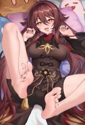 barefoot boo_tao_(genshin_impact) breasts clothing feet feet_up female female_only foot_focus genshin_impact hu_tao_(genshin_impact) kacyu looking_at_viewer lying naughty_face smile soles spread_legs toes tongue tongue_out