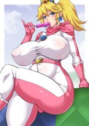 1girls big_breasts blonde_hair bodysuit breasts crown female female_only holding_popsicle huge_breasts mario_(series) musashino_sekai nipple_bulge ponytail popsicle princess_peach solo super_mario_bros._(2023_film) tied_hair tight_clothing