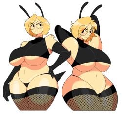 1girls absurd_res antennae_(anatomy) anthro arm_gloves arms_behind_head bea_(idolomantises) bee big_breasts black_eyes blonde_hair blush curvaceous female female_only fishnet_stockings glasses idolomantises insects looking_at_viewer mothmilfs round_glasses solo stockings thick_thighs topwear underboob white_background wide_hips yellow_body