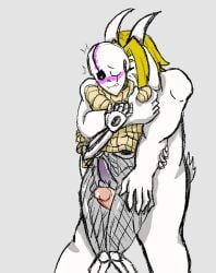 2d anthro artist_request asgore_dreemurr blush blushing color ectobody from_behind furry gaster gay heart-shaped_pupils heart_eyes heart_shaped_pupils male male/male male_only nude_anthro one_eye_closed penis penis_between_legs penis_between_thighs simple_background skeleton solid_color_background uncensored undertail undertale undertale_(series) yaoi