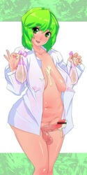 1futa breasts censored futanari green_eyes green_hair intersex open_clothes open_shirt oshiruko_(artist) oshiruko_(shiruko) shirt solo_futa