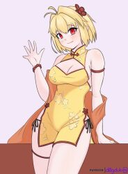 1girls arcueid_brunestud artist_name artist_signature big_breasts blonde_hair breasts chinese_clothes chinese_dress cleavage curvy curvy_figure d0gduk flower flower_in_hair hair_ornament huge_breasts large_breasts red_eyes short_hair thick_thighs tsukihime wide_hips
