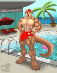 4_toes 5_fingers abs anthro ball_bulge balls barazoku big_arms big_chest big_feet big_muscles big_pecs big_penis blue_eyes broad_shoulders brown_body brown_fur brown_nose building bulge chair claws clothing detailed_background detailed_bulge erection_in_swimming_trunks feet fence fingers fur furniture genital_outline genitals glans_outline hands_on_hips hat headgear headwear hi_res humanoid_genitalia humanoid_penis lifeguard lifeguard_swimsuit looking_at_viewer lounge_chair male male_only mammal muscular muscular_anthro muscular_male mustelid otter outside palm_tree pecs penis penis_outline plant plantigrade pool_ladder pool_toy rebel_nightwolfe red_clothing red_hat red_headwear red_swimwear serratus sky smile solo solo_male standing swimming_pool swimwear table tail thick_neck thick_thighs tight_swimsuit toe_claws toes tree umbrella water