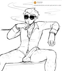 alpha_dave_strider blonde_hair dave_strider hairy homestuck jadedavekarkat male male_focus male_only partially_clothed smoking solo_male sunglasses