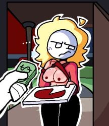 ... arcaned_roses black_pants blonde_hair breasts freckles holding_money holding_object mask masked masked_female money oc original_character pizza pizza_box pizza_delivery public_exposure public_nudity red_shirt roses_arcaned shirt_lift showing_breasts tagme uncomfortable yellow_hair
