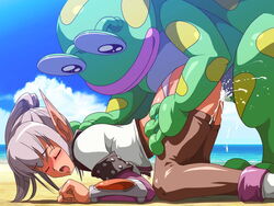 ass boots breasts cum cum_inside frog from_behind legwear looking_back monster phantasy_star phantasy_star_online pointy_ears red_eyes sex short_hair shorts sil'fer silfa silver_hair stockings thighhighs