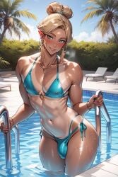 1boy ai_generated bedroom_eyes bent_over big_ass big_butt big_thighs bikini blonde_hair blonde_male blue_bikini blue_eyes blush breath_of_the_wild bulge erect_nipples erect_nipples_under_clothes femboy femboy_focus feminine_body feminine_pose fit_male hair_bun hourglass_figure leaning_forward link link_(breath_of_the_wild) muscular muscular_male penis_bulge penis_in_bikini penis_in_swimsuit penis_outline pool rcally seductive_eyes seductive_look seductive_smile side-tie_bikini tanline the_legend_of_zelda thighs trap