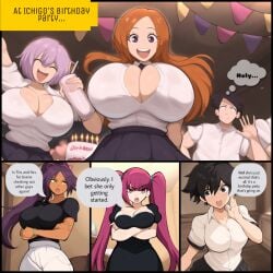 3girls ai_generated arisawa_tatsuki bimbo bimbo_body bimbofication birthday_party bleach breasts_bigger_than_head cleavage comic dokugamine_riruka female inoue_orihime jealous large_breasts medium_breasts mullon multiple_boys multiple_girls novelai orange_hair party shihouin_yoruichi small_breasts story tatsuki_arisawa voluptuous_female