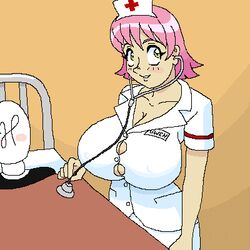 bb blush bursting_breasts cleavage huge_breasts nurse pink_hair smile woot