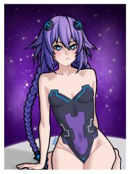 blue_eyes bluesalm0n bodysuit braided_twintails female female_only hair_ornament headgear long_hair neptune_(neptunia) neptunia_(series) purple_hair purple_heart_(neptunia) sitting twin_braids wrong_pupils