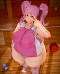 3d basketball big_breasts chubby gym gym_uniform gymnasium huge_ass koikatsu looking_at_viewer loose_socks peace_sign pink_hair solas_(artist) thighs v_sign voluptuous voluptuous_female yumi_kohno
