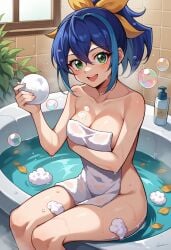 1girls ai_generated blue_hair blush breasts celina covered_breasts female green_eyes looking_at_viewer ponytail semi_nude sephiaton955 serena_(yu-gi-oh!_arc-v) smile towel yu-gi-oh! yu-gi-oh!_arc-v