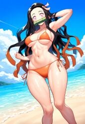 abs aged_up ai_generated beach bikini demon demon_girl demon_slayer hair_ribbon hand_in_hair hi_res highres kamado_nezuko kimetsu_no_yaiba long_hair long_legs looking_at_viewer muzzle_(object) muzzled nai_diffusion narrow_waist nezuko_kamado orange_bikini pink_eyes rubycks side_tie_bikini sideboob solo solo_female solo_focus toned toned_female underboob wide_hips