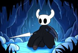 absurd_res ai_generated anthro arthropod balls big_balls big_penis black_body cloak clothing erection foreskin genitals glans hellsonger hellsonger_hollow_knight_ai_art hi_res holding_weapon hollow_knight horn humanoid_genitalia humanoid_penis insects kneeling male melee_weapon outside penis protagonist_(hollow_knight) solo team_cherry vein vessel_(species) weapon