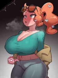 1girls big_breasts breasts covered_erect_nipples hair_ornament huge_breasts jacket looking_up nintendo open_clothes open_jacket orange_hair ovulation ovum ovum_with_heart painting_fish penis_awe penis_shadow pokemon pokemon_ss ponytail red_head sonia_(pokemon)