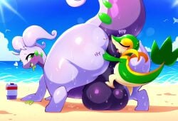 absurd_res ai_generated anthro anus ass beach big_butt blush bodily_fluids closed_eyes detailed_background dragon duo female feral gastropod generation_5_pokemon generation_6_pokemon genitals goodra green_eyes heart hellsonger hi_res huge_butt larger_female looking_back male mollusk nintendo open_mouth outside pokemon pokemon_(species) rimming sand scalie sea seaside sex size_difference sky smaller_male snivy sweat thick_thighs tongue water