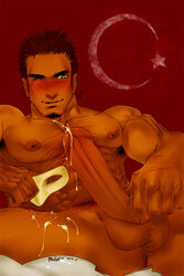 1boy axis_powers_hetalia bara blush cum cum_on_body cum_on_leg cum_on_lower_body ejaculate ejaculation green_eyes hair_curl hairy male male_only mask muscle nipples penis sadiq_annan solo tan tanned turkey_(hetalia)