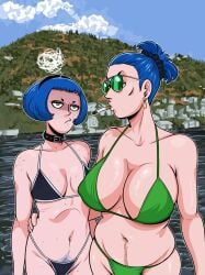 2girls big_breasts bikini blue_hair busty c-section_scar ceci's_mom_(hellonearthiii) ceci_escribano_(hellonearthiii) daughter female female_focus female_only happy_trail hellonearthiii hourglass_figure large_breasts meme mother mother_and_daughter mother_daughter_boob_envy_(meme) multiple_girls navel pubes pubic_hair pubic_hair_peek scar small_breasts st._denis_academy_(hellonearthiii) tagme wide_hips