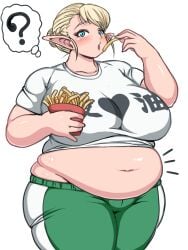 1girls bbw belly_overhang big_belly big_breasts big_female blonde_hair blush blushing breasts chubby chubby_female curvy eating elf elf-san_wa_yaserarenai elfuda fat fat_ass fat_woman female french_fries gunrei13bucho hi_res humanoid large_female midriff overweight overweight_female plump pointy_ears pork_chop solo thick_thighs wide_hips