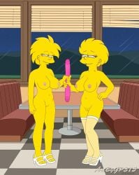 20th_century_fox 20th_century_studios 2girls accurate_art_style aged_up bedroom_eyes booth breasts dildo female female_only gp375 high_heels huge_dildo human indoors legwear lisa_simpson looking_at_another maggie_simpson nipples nude_female pussy smile the_simpsons yellow_body yellow_skin