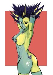 adakumi_ ass covered_nipples green_skin hells hells_angels large_breasts purple_hair red_background resurrection_of_monstress steela stitches yellow_skin