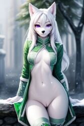 1girls 2014 ai_generated anthro bottomless bottomless_female canine coat compact_body curvy_female curvy_figure female female_only furry green_clothing inner_ear_fluff inner_sideboob innie_pussy long_hair looking_at_viewer mostly_clothed outside purple_eyes pussy snow snowing thighhighs white_fur white_hair wolf wolf_ears