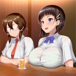 2girls :o asada_shino black_hair blush bra_peek bra_visible_through_clothes breast_envy breast_rest breasts_on_table button_gap cup green_bra hair_clip hair_ornament hair_tie kawase_seiki kirigaya_suguha large_breasts necktie notice_lines opaque_glasses puff_of_air see-through see-through_shirt short_hair smile sweat sword_art_online tea tie