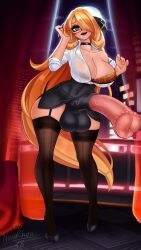 1futa areolae balls blonde_hair bottomless breasts clothed clothing cynthia_(pokemon) equine_penis erection futa_only futanari garter_straps gigantic_penis glasses horsecock huge_breasts huge_hips human light-skinned_futanari light_skin long_hair looking_at_viewer mostly_clothed nenerhea nipples pencil_skirt penis penis_under_skirt pokemon pokemon_dppt shirt_lift skirt smiling_at_viewer solo standing thick_thighs thighhighs wide_hips