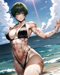 abs ai_generated ass_bigger_than_head beautiful_background big_ass big_breasts bikini burn_scars fit_female huge_ass jujutsu_kaisen scars_all_over short_hair sky slim_waist smile strong_woman sunlight swimsuit swimwear thick_thighs tomboy zenin_maki