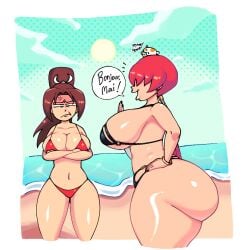 2girls anger_vein ass big_breasts bikini breasts fatal_fury female french_text hamster huge_ass king_of_fighters mai_shiranui multiple_girls seaside shermie_(kof) smib snk speech_bubble text thick_thighs thighs